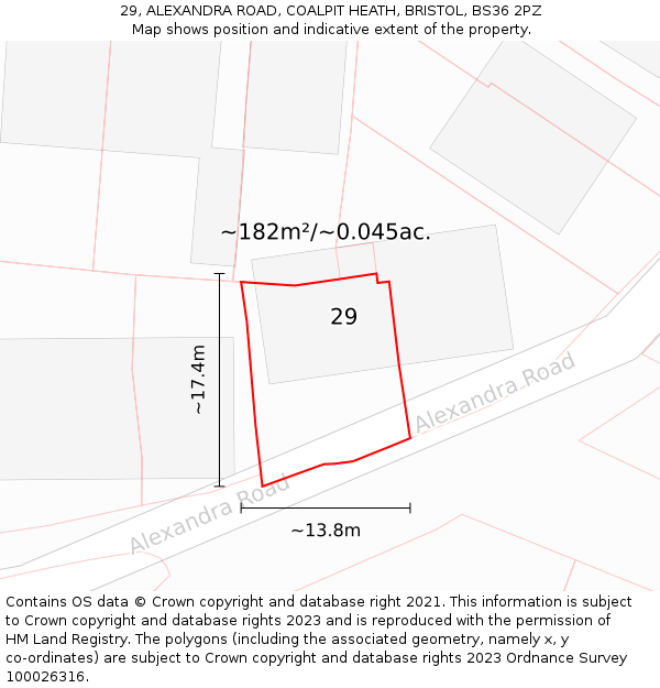 29, ALEXANDRA ROAD, COALPIT HEATH, BRISTOL, BS36 2PZ: Plot and title map