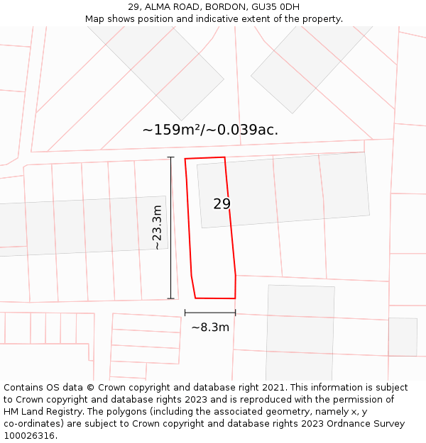 29, ALMA ROAD, BORDON, GU35 0DH: Plot and title map