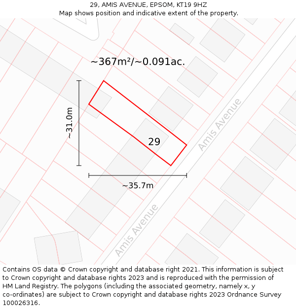 29, AMIS AVENUE, EPSOM, KT19 9HZ: Plot and title map