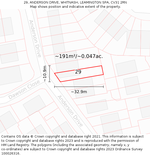 29, ANDERSON DRIVE, WHITNASH, LEAMINGTON SPA, CV31 2RN: Plot and title map