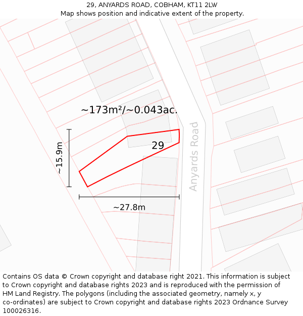 29, ANYARDS ROAD, COBHAM, KT11 2LW: Plot and title map