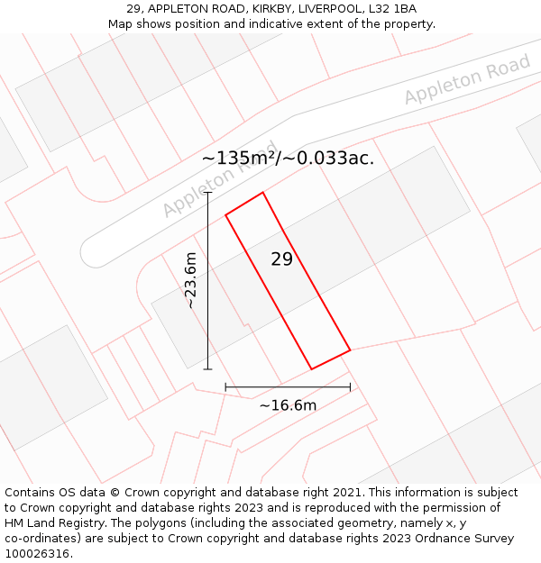 29, APPLETON ROAD, KIRKBY, LIVERPOOL, L32 1BA: Plot and title map