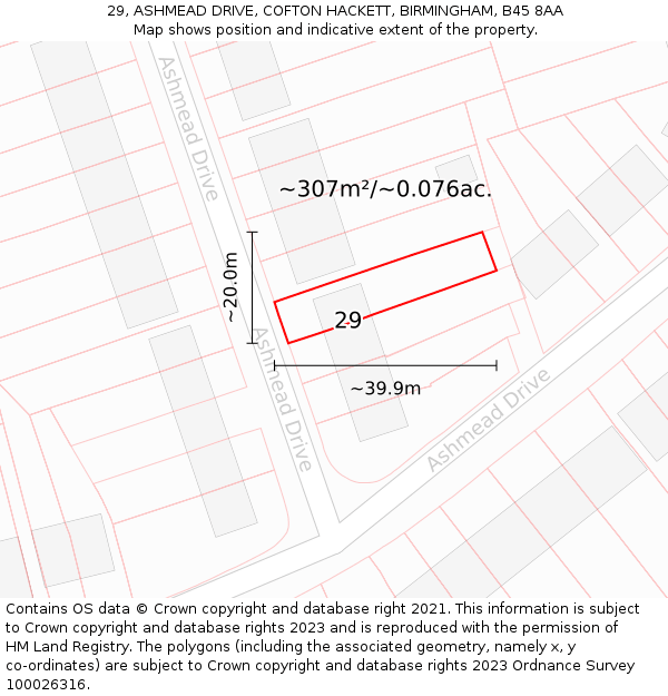 29, ASHMEAD DRIVE, COFTON HACKETT, BIRMINGHAM, B45 8AA: Plot and title map