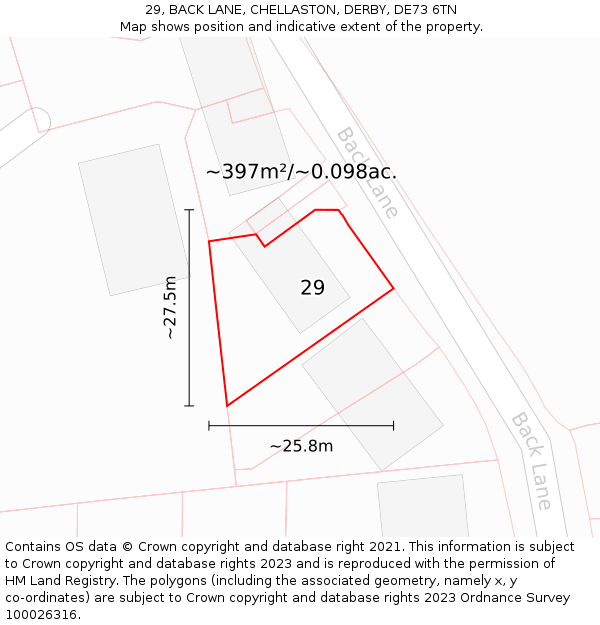 29, BACK LANE, CHELLASTON, DERBY, DE73 6TN: Plot and title map