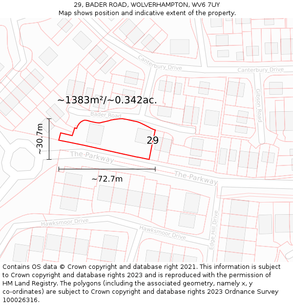 29, BADER ROAD, WOLVERHAMPTON, WV6 7UY: Plot and title map