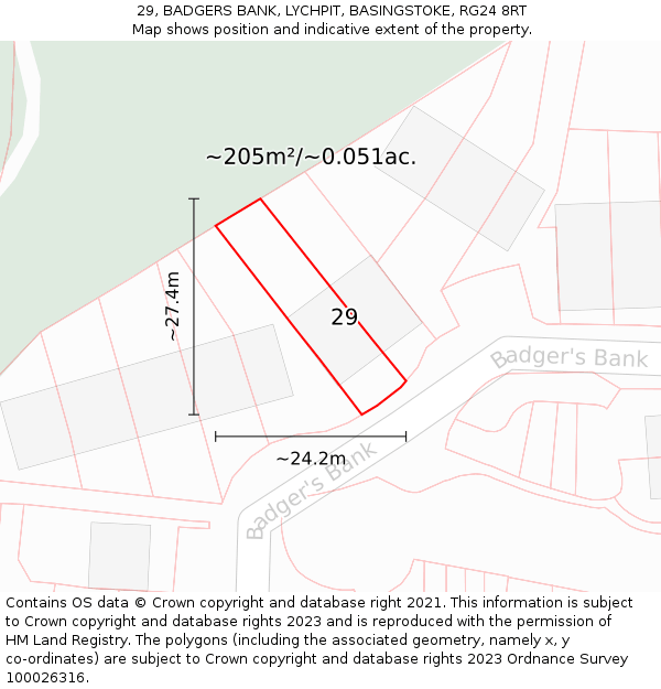 29, BADGERS BANK, LYCHPIT, BASINGSTOKE, RG24 8RT: Plot and title map