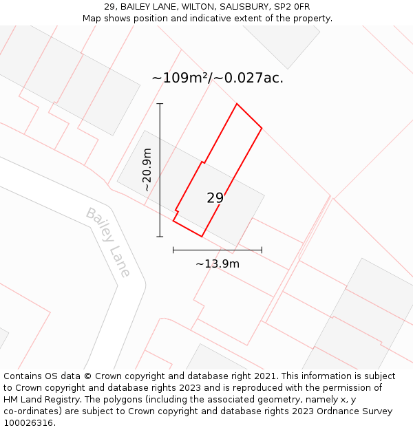 29, BAILEY LANE, WILTON, SALISBURY, SP2 0FR: Plot and title map