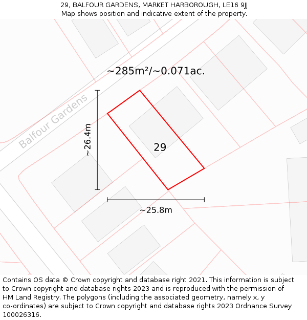 29, BALFOUR GARDENS, MARKET HARBOROUGH, LE16 9JJ: Plot and title map