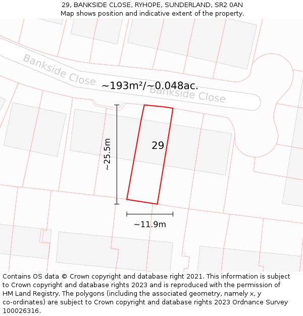 29, BANKSIDE CLOSE, RYHOPE, SUNDERLAND, SR2 0AN: Plot and title map