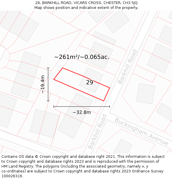 29, BARKHILL ROAD, VICARS CROSS, CHESTER, CH3 5JQ: Plot and title map