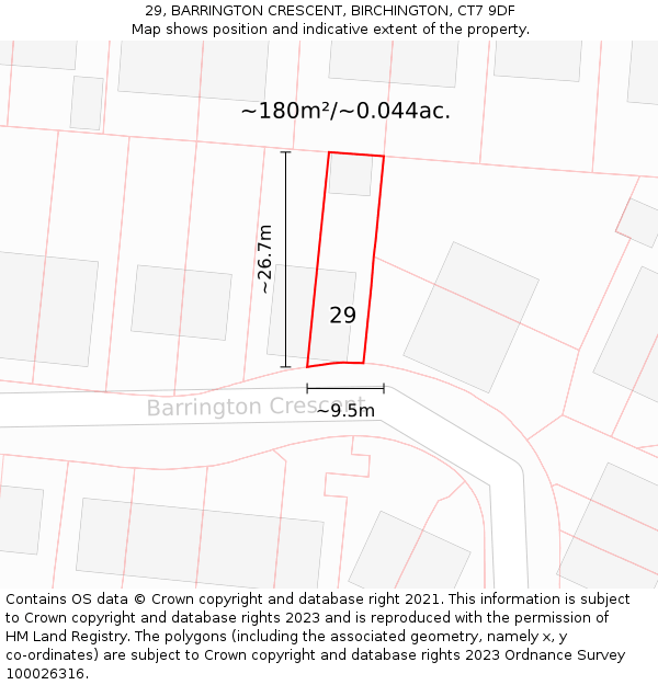 29, BARRINGTON CRESCENT, BIRCHINGTON, CT7 9DF: Plot and title map