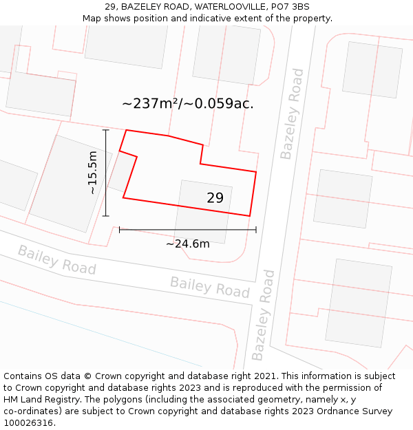 29, BAZELEY ROAD, WATERLOOVILLE, PO7 3BS: Plot and title map
