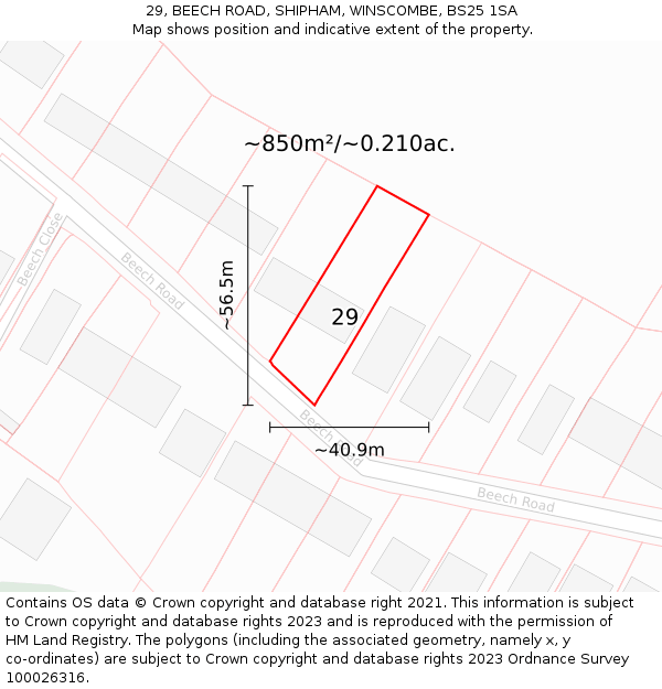 29, BEECH ROAD, SHIPHAM, WINSCOMBE, BS25 1SA: Plot and title map