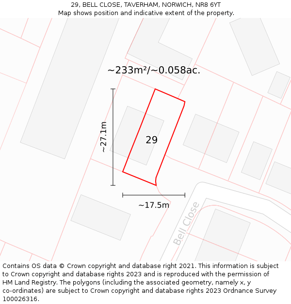 29, BELL CLOSE, TAVERHAM, NORWICH, NR8 6YT: Plot and title map