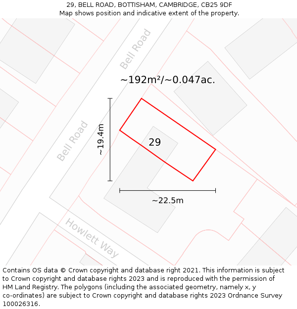 29, BELL ROAD, BOTTISHAM, CAMBRIDGE, CB25 9DF: Plot and title map