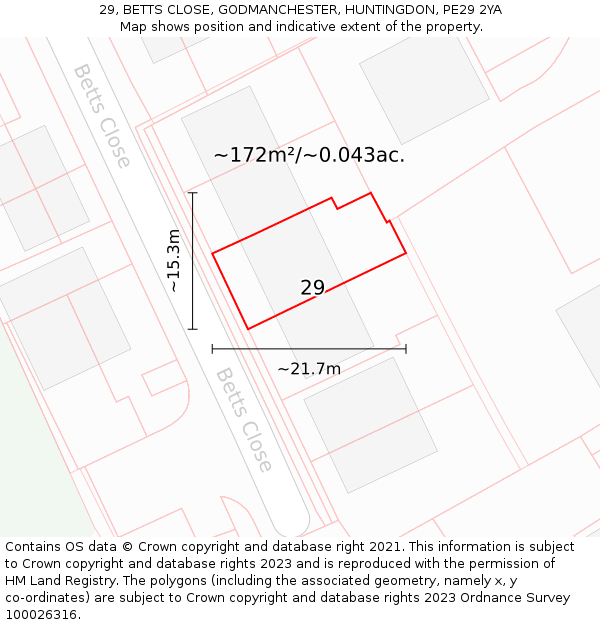29, BETTS CLOSE, GODMANCHESTER, HUNTINGDON, PE29 2YA: Plot and title map