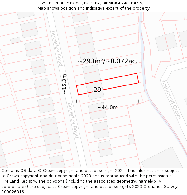 29, BEVERLEY ROAD, RUBERY, BIRMINGHAM, B45 9JG: Plot and title map