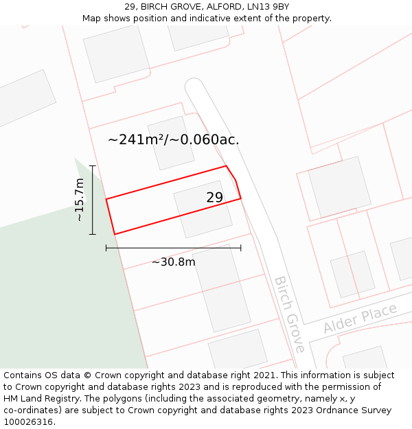 29, BIRCH GROVE, ALFORD, LN13 9BY: Plot and title map