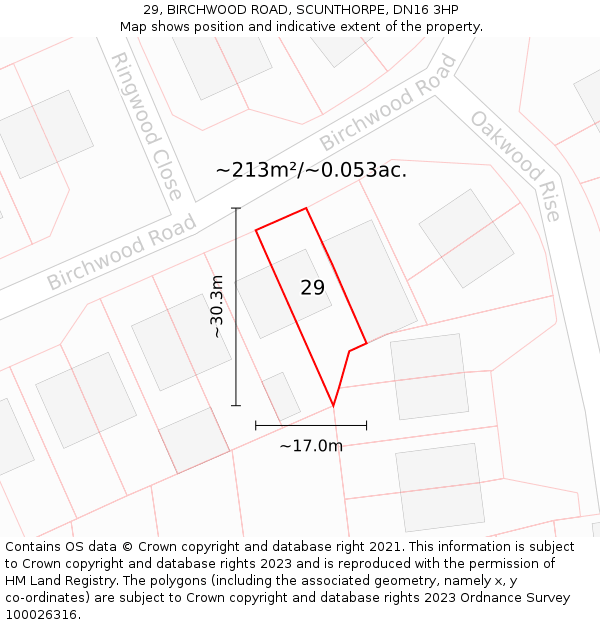 29, BIRCHWOOD ROAD, SCUNTHORPE, DN16 3HP: Plot and title map