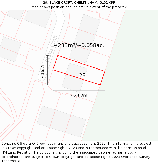 29, BLAKE CROFT, CHELTENHAM, GL51 0PR: Plot and title map