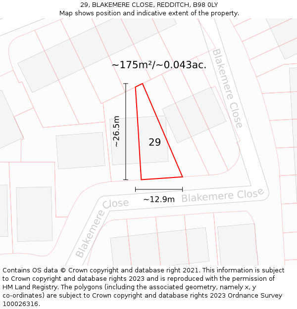 29, BLAKEMERE CLOSE, REDDITCH, B98 0LY: Plot and title map