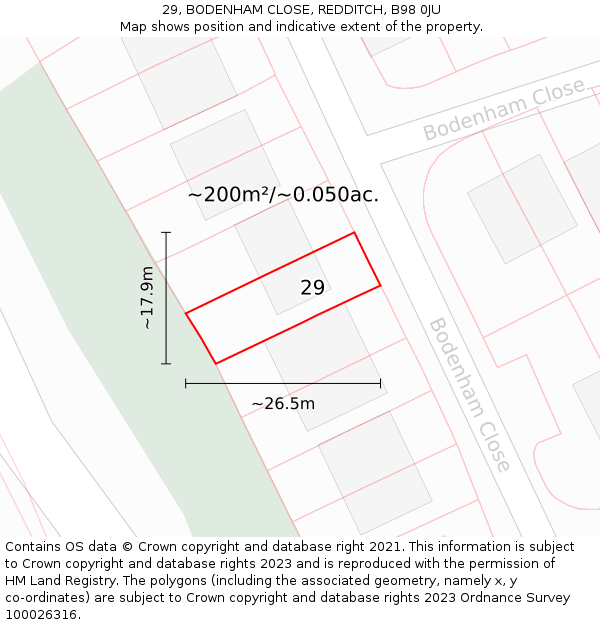 29, BODENHAM CLOSE, REDDITCH, B98 0JU: Plot and title map