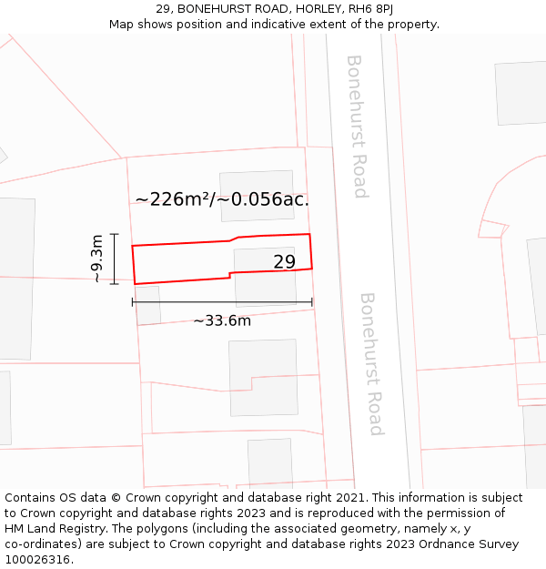29, BONEHURST ROAD, HORLEY, RH6 8PJ: Plot and title map