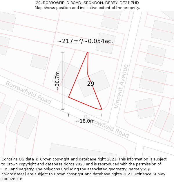 29, BORROWFIELD ROAD, SPONDON, DERBY, DE21 7HD: Plot and title map