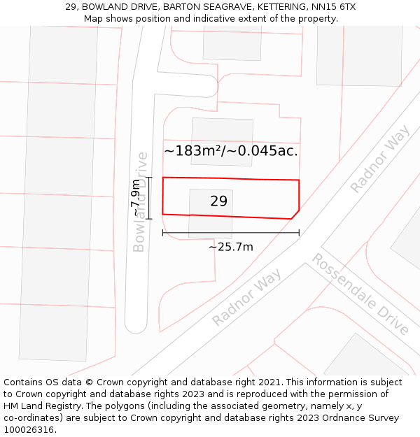 29, BOWLAND DRIVE, BARTON SEAGRAVE, KETTERING, NN15 6TX: Plot and title map