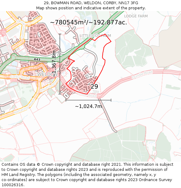 29, BOWMAN ROAD, WELDON, CORBY, NN17 3FG: Plot and title map