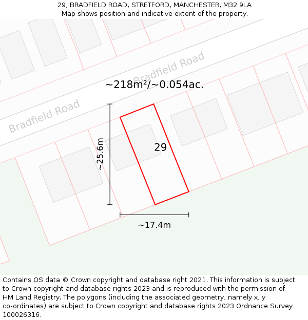 29, BRADFIELD ROAD, STRETFORD, MANCHESTER, M32 9LA: Plot and title map
