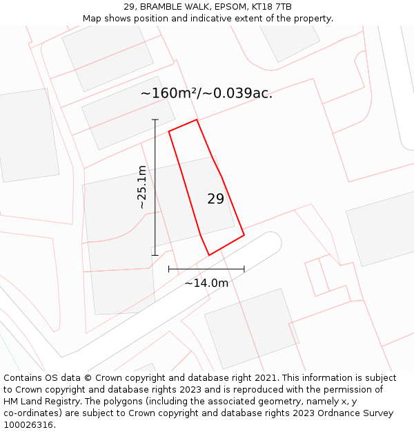 29, BRAMBLE WALK, EPSOM, KT18 7TB: Plot and title map