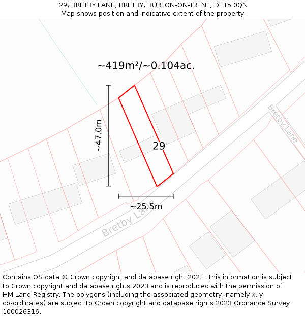 29, BRETBY LANE, BRETBY, BURTON-ON-TRENT, DE15 0QN: Plot and title map