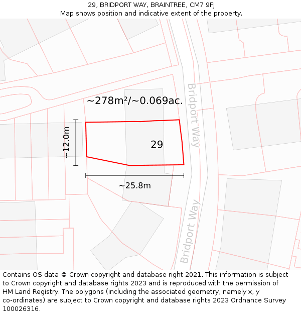 29, BRIDPORT WAY, BRAINTREE, CM7 9FJ: Plot and title map
