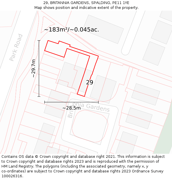 29, BRITANNIA GARDENS, SPALDING, PE11 1YE: Plot and title map