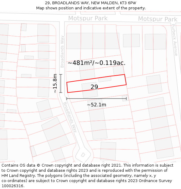 29, BROADLANDS WAY, NEW MALDEN, KT3 6PW: Plot and title map