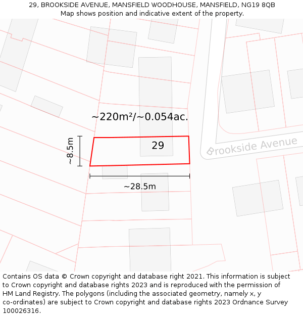 29, BROOKSIDE AVENUE, MANSFIELD WOODHOUSE, MANSFIELD, NG19 8QB: Plot and title map