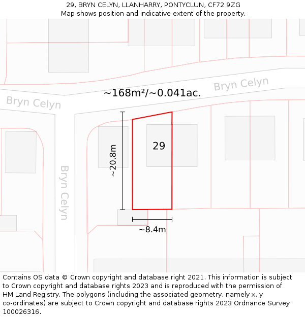 29, BRYN CELYN, LLANHARRY, PONTYCLUN, CF72 9ZG: Plot and title map