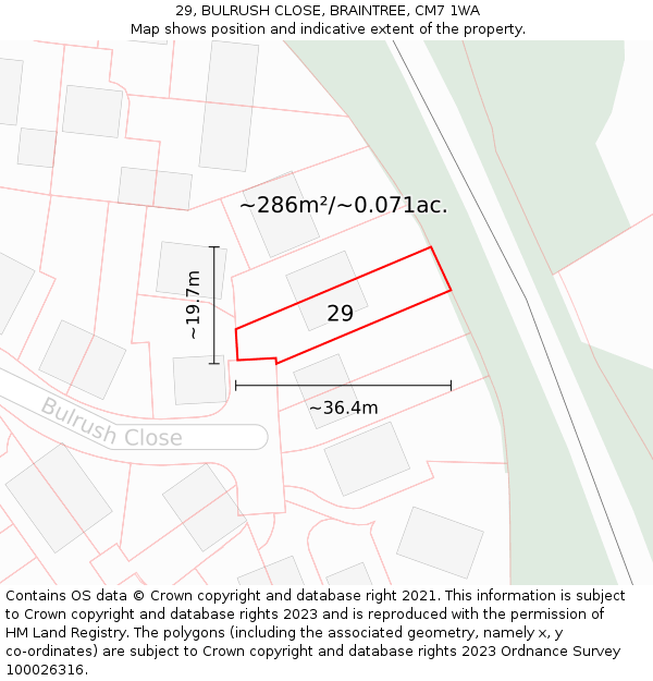 29, BULRUSH CLOSE, BRAINTREE, CM7 1WA: Plot and title map