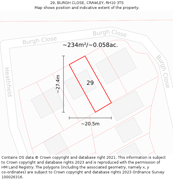 29, BURGH CLOSE, CRAWLEY, RH10 3TS: Plot and title map