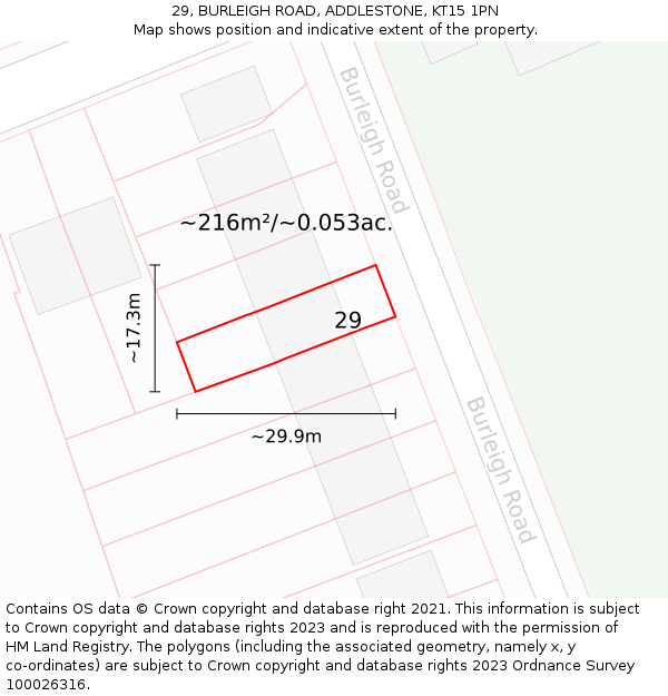 29, BURLEIGH ROAD, ADDLESTONE, KT15 1PN: Plot and title map