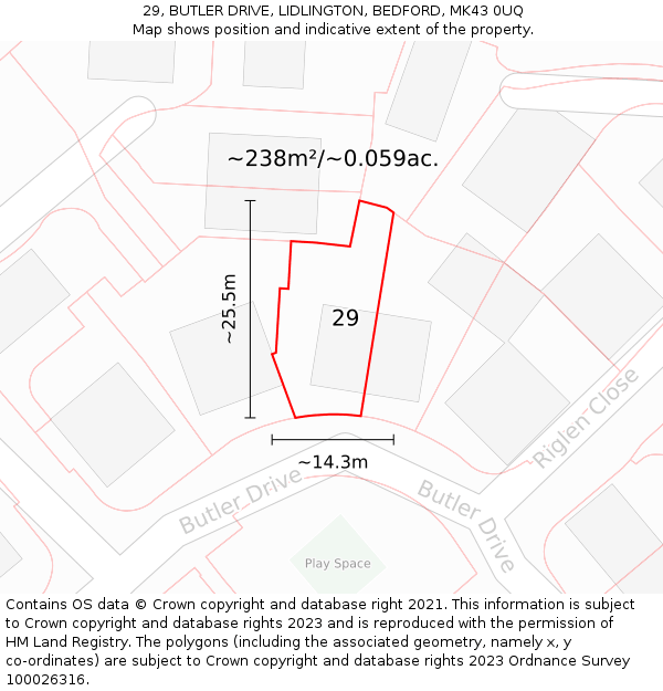 29, BUTLER DRIVE, LIDLINGTON, BEDFORD, MK43 0UQ: Plot and title map