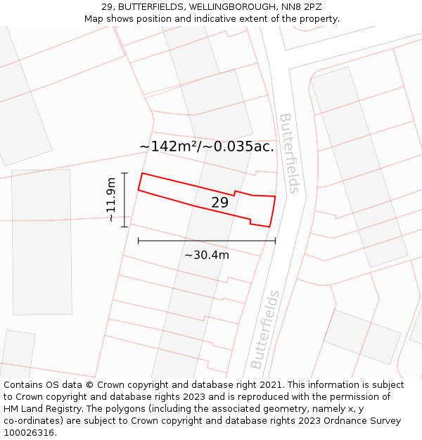29, BUTTERFIELDS, WELLINGBOROUGH, NN8 2PZ: Plot and title map