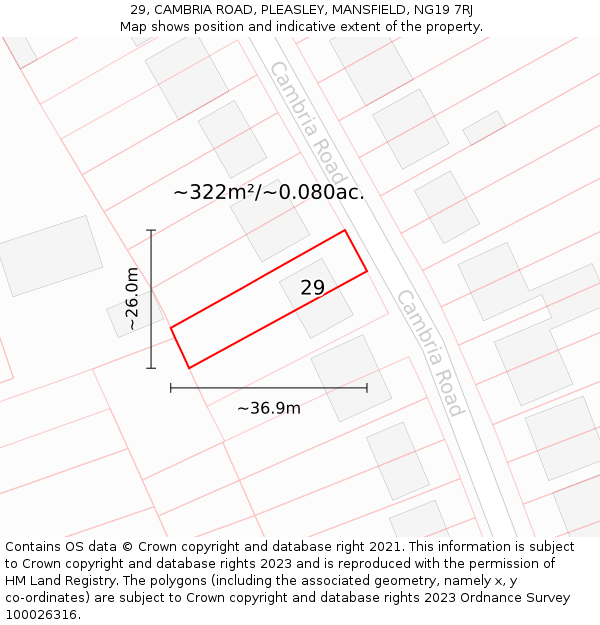 29, CAMBRIA ROAD, PLEASLEY, MANSFIELD, NG19 7RJ: Plot and title map