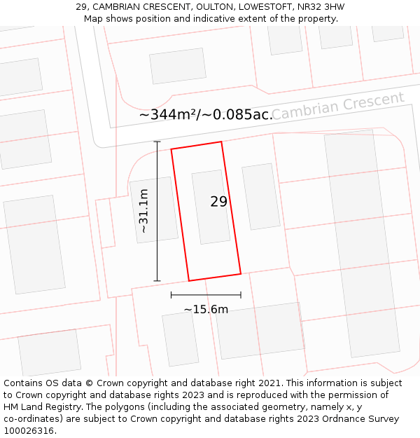 29, CAMBRIAN CRESCENT, OULTON, LOWESTOFT, NR32 3HW: Plot and title map