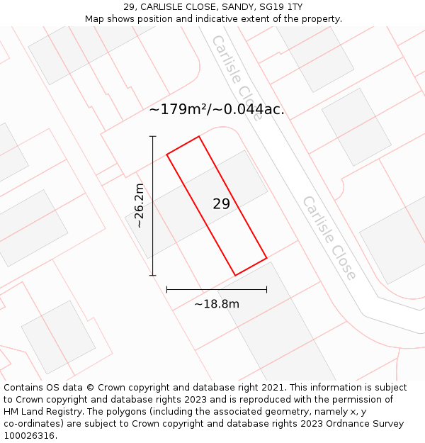 29, CARLISLE CLOSE, SANDY, SG19 1TY: Plot and title map