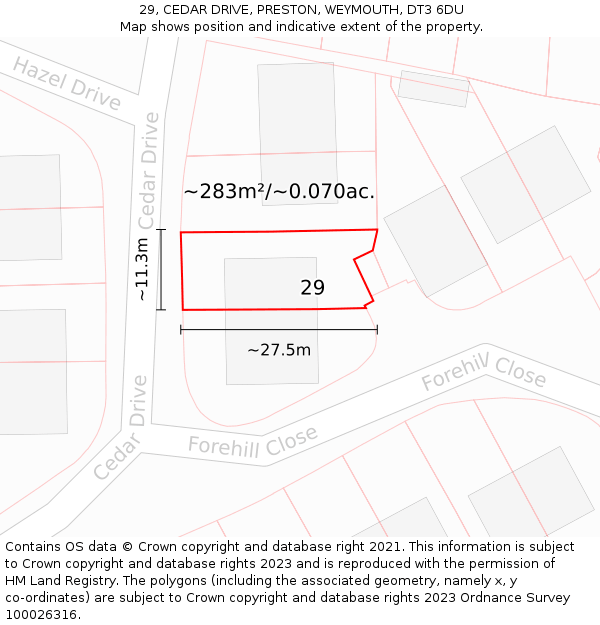 29, CEDAR DRIVE, PRESTON, WEYMOUTH, DT3 6DU: Plot and title map