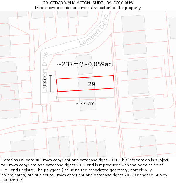 29, CEDAR WALK, ACTON, SUDBURY, CO10 0UW: Plot and title map