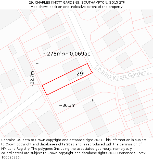 29, CHARLES KNOTT GARDENS, SOUTHAMPTON, SO15 2TF: Plot and title map