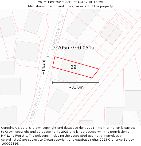 29, CHEPSTOW CLOSE, CRAWLEY, RH10 7XF: Plot and title map